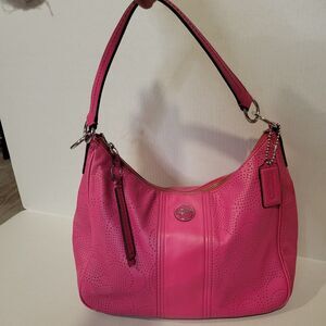Coach Signature Stripe converible hobo bag in fuschia
